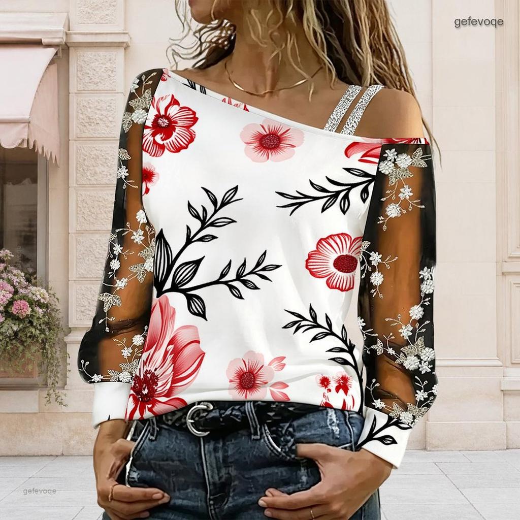 Plus Size Women Asymmetric Shoulder Long Sleeve Top Vibrant Tropical Leaf Print Mesh Lace Splicing Blouse