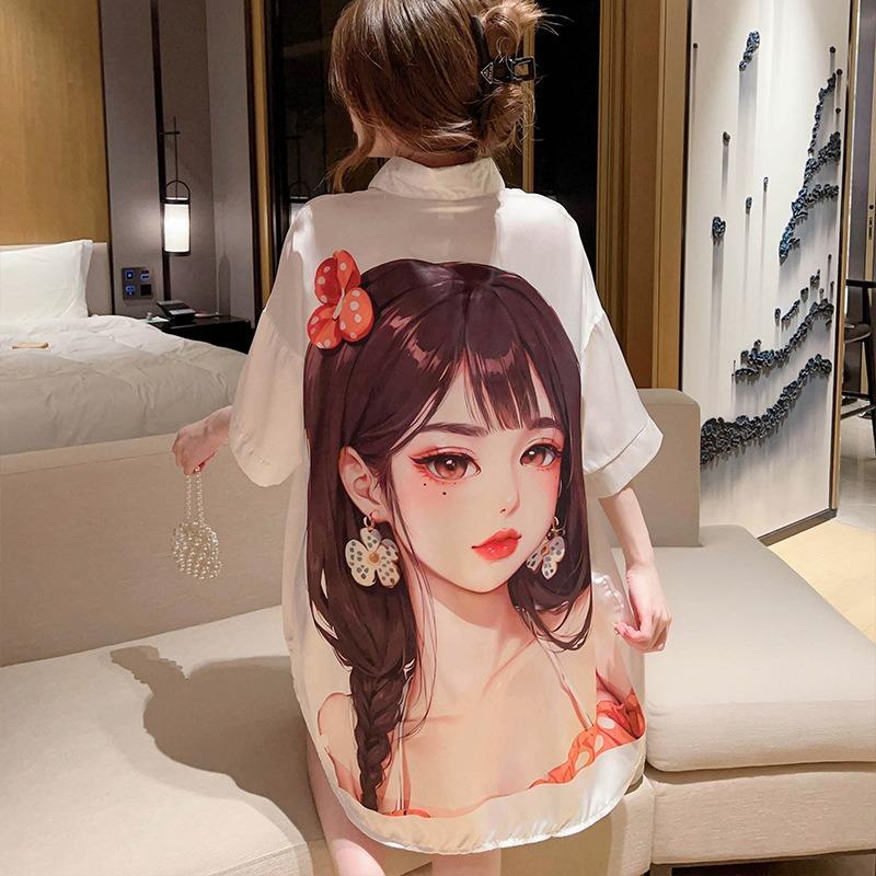 Sexy Nachtwäsche Damen Strickjacke Mittellanger Rock Student Homewear Lose Revers Nachthemden Können Draußen Getragen Werden Damen Nachthemden