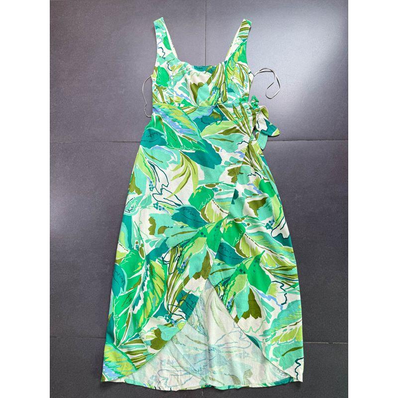 

Foreign Trade Order Green Leaves Rayon + Linen 20% Square-Cut Collar Sling Dress Green Leaf Dress S