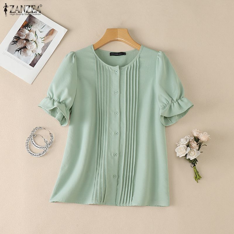 ZANZEA Women Casual Round Neck Solid Color Short Sleeve Blouse