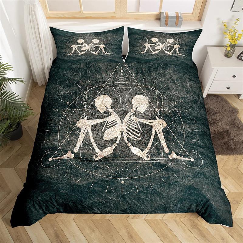 Skull Duvet Cover Set Queen Black Skeleton Paisley Floral Pattern Bedding Set For Teen Adult Polyester Halloween Comforter Cover