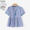 ZANZEA Women Summer Casual V-Neck Plaid Print Short Sleeve Blouse