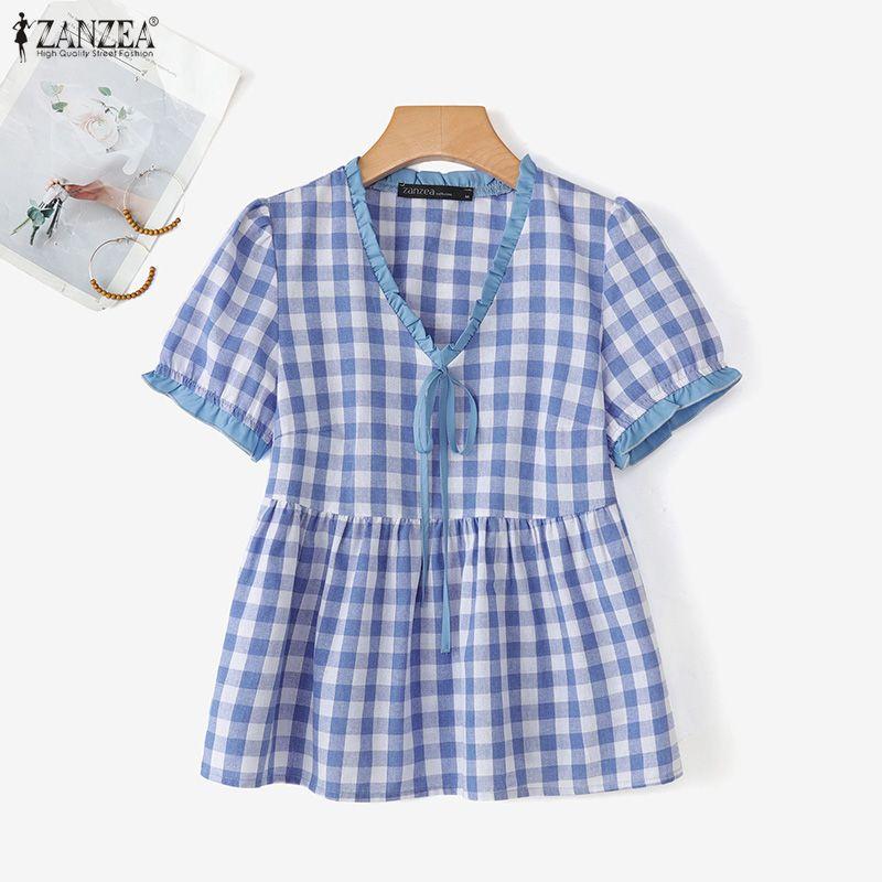 ZANZEA Women Summer Casual V-Neck Plaid Print Short Sleeve Blouse