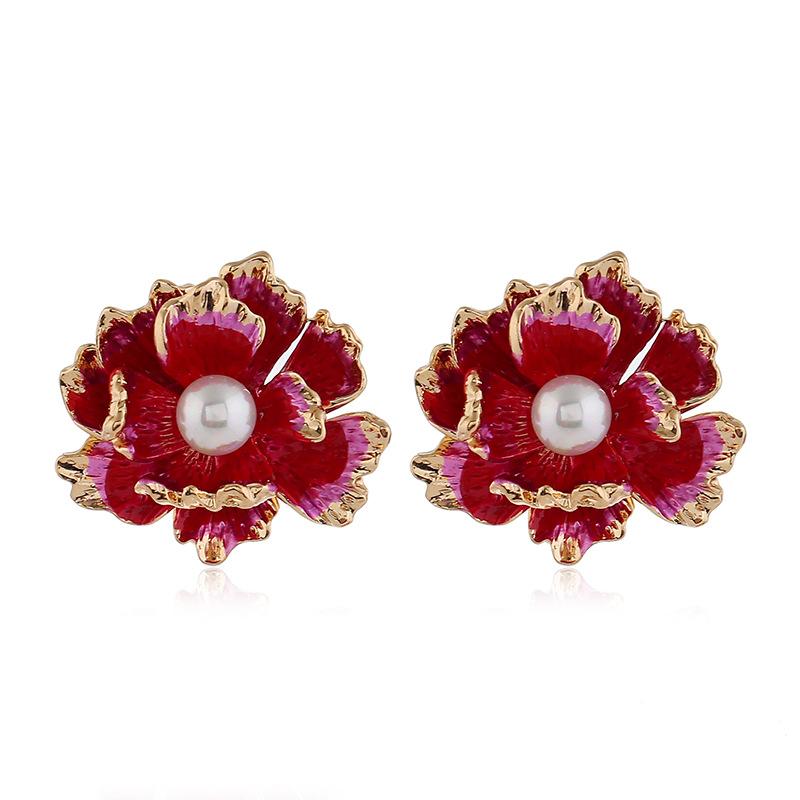 Chinese style peony flower stud earrings temperament women's s925 silver needle pearl simple earrings retro elegant versatile ear jewelry