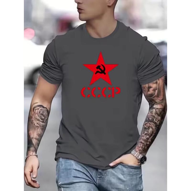 Men's Summer 100% Pure Cotton Fashionable Casual Sports Loose CCCP Letter Pentagram Printed Round Neck Short Sleeved T-shirt Top