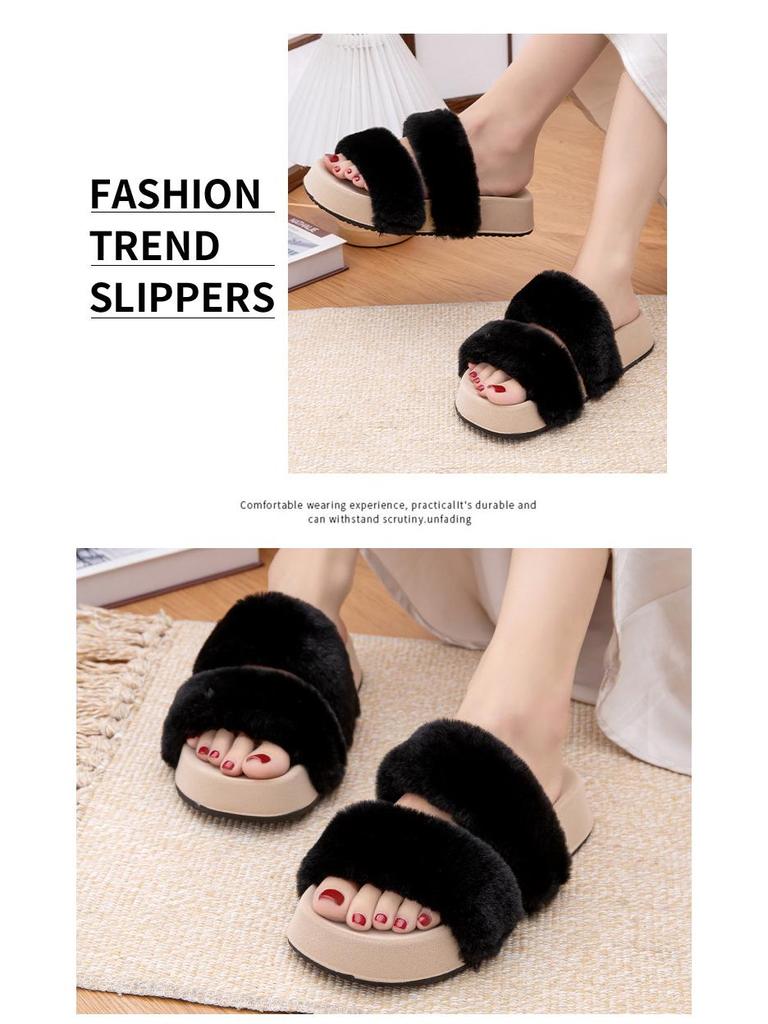 High-End Women's Furry Slippers: Thick-Soled, Non-Slip, Flat, Plus Velvet, Outdoor, 2025 Autumn/Winter Collection.
