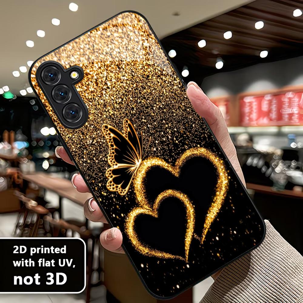 Gold Dust Love Butterfly PhoneCase Glass PhoneCase for Samsung Galaxy S26 S25 S24 S23 S22 S21 FE Ultra Plus Scratch Proof Smooth