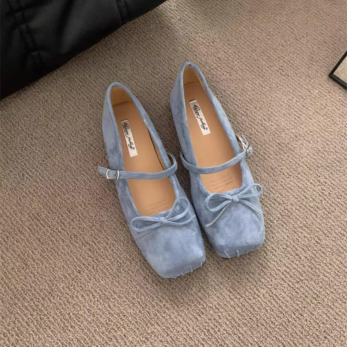 

Замшевые туфли с квадратным носком, женские, весна-осень, новые, с бантом, повседневные, плоские туфли Мэри Джейн 40 синий