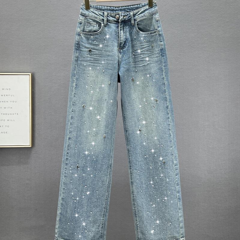 Strassanhänger-Design High Waist Wash Jeans Damen Sommer Locker Schlankmachend und All-Matching Straight-Leg Hose
