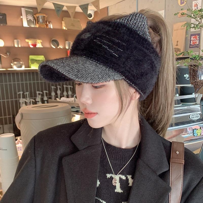 Cute Cat Hat for Women In Autumn and Winter Knitted Wool Hat Korean Style Versatile Warm Imitation Mink Hair Empty Top Baseball Cap