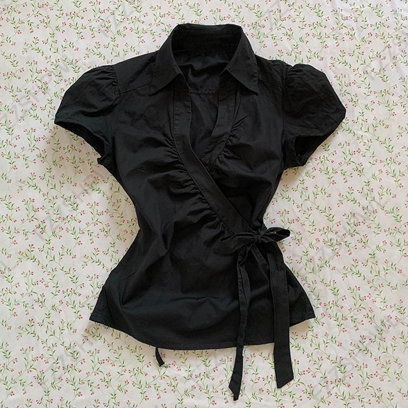 TrendHub Gothic Harajuku Y2K Women's Crop Top Casual Slim Fit Striped Lace Bow Button Design Short Sleeve T-Shirt Chic Trendy Streetwear