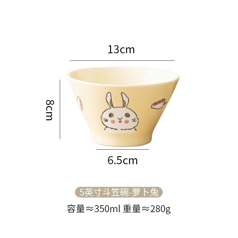 Japanese Hand Painted Ceramic Rice Bowl Cartoon Underglaze Bamboo Hat Design for Kids Meals Home Use Cute Gift Set