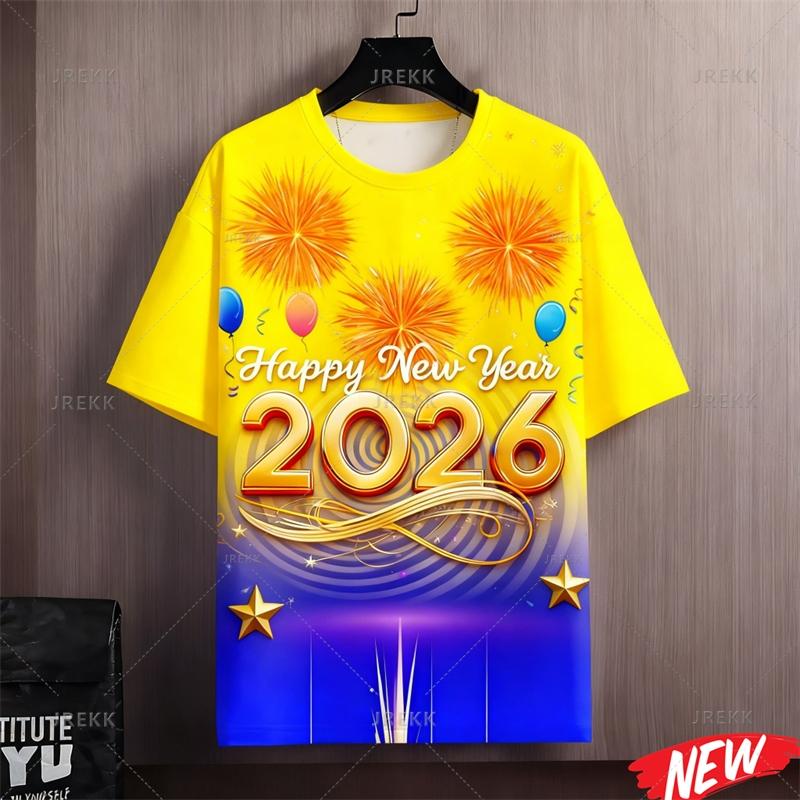 Colorful Happy New Year T Shirt Women 2026 New Year Round Neck Short Sleeve Women Family 3d Printing Horse Festival Party T Shirts