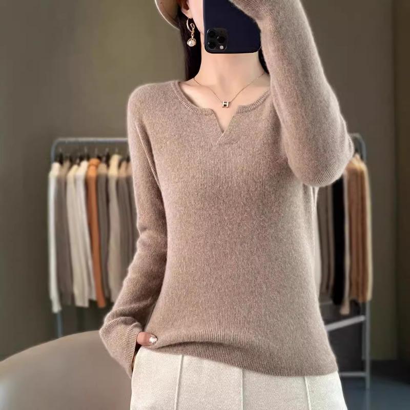 Autumn and winter new long-sleeved solid-color slim-fit bottoming shirt round V-neck sweater women's knitted sweater jumper top