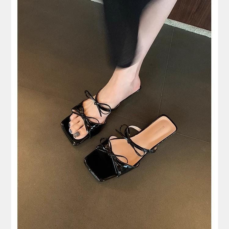 Grape Mother Has the Same Temperament Square Head Double Bow with Versatile Sandals Women's Summer French Casual Low-heeled Slippers