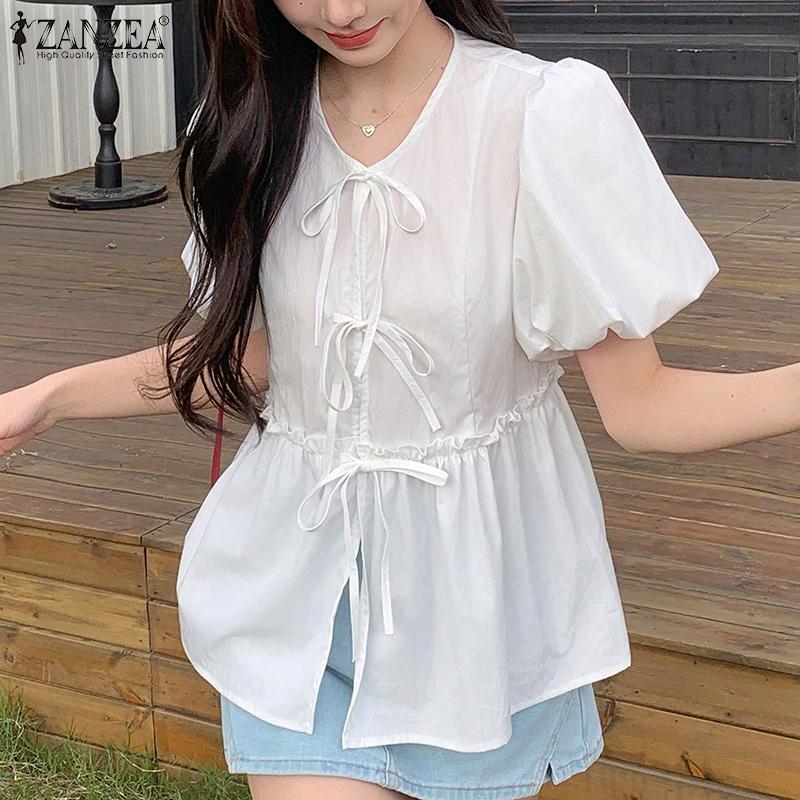 ZANZEA Bluză casual de damă cu șireturi, cu gât rotund, transparentă, de vară, cu mânecă scurtă