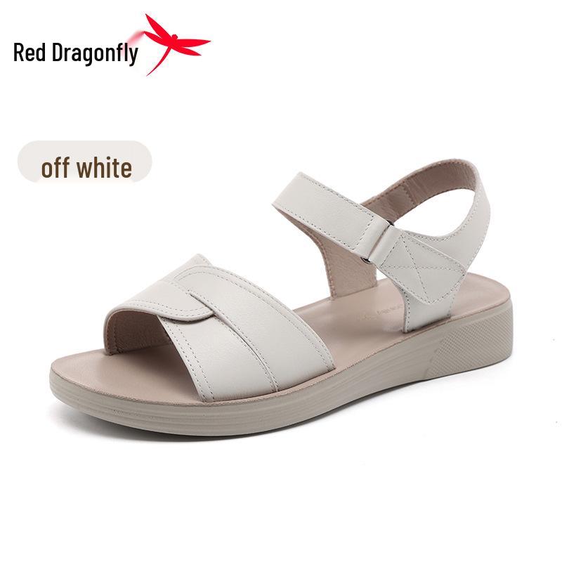 Red Dragonfly Women s Summer Casual Genuine Leather Sandals - Soft Sole Flat Bottom for Middle-Aged and Elderly. 38