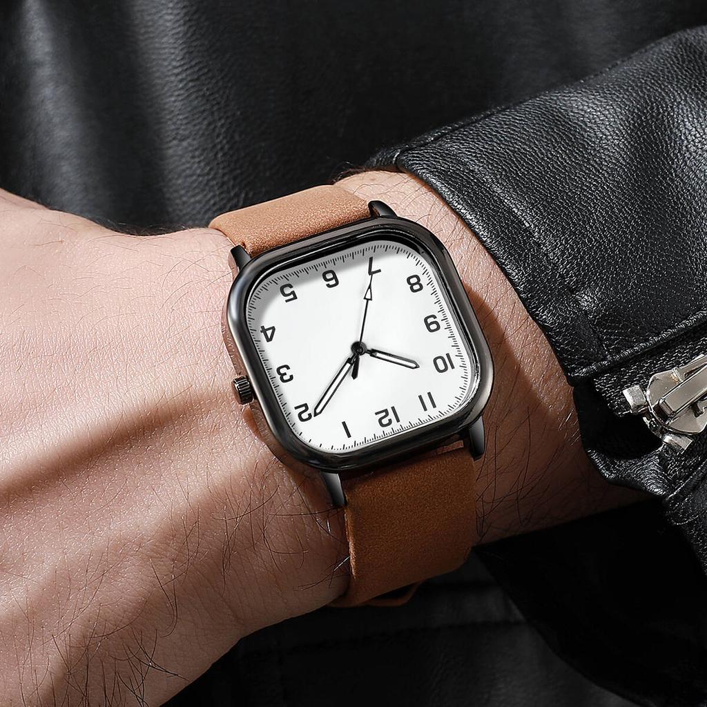 3PCS Men Fashion Business Watches Set Square Arabic Dial Quartz Watch Casual Leather Band Wristwatch for Men Clock