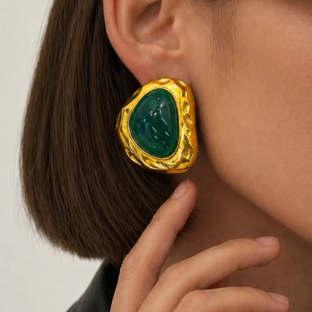 SHIXIN Retro Green Color Folded Stainless Steel Stud Earrings Women Classic 18K Gold Plated Earring Party Accessories Jewelry
