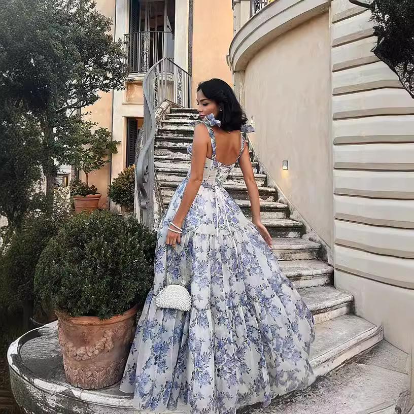 European & American Floral Organza Sleeveless Strappy Dress