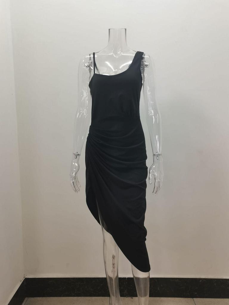 2023 Women's Solid Color One-Shoulder Ruffled Evening Gown with Sexy Slit