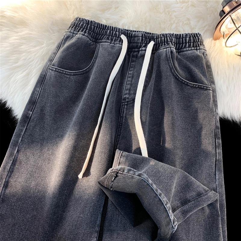 Women's Fleece-lined Straight-Leg Jeans, Petite Wide-Leg, Elastic Waist, Cotton, 2025 New Winter Style, Ideal for Autumn and Winter