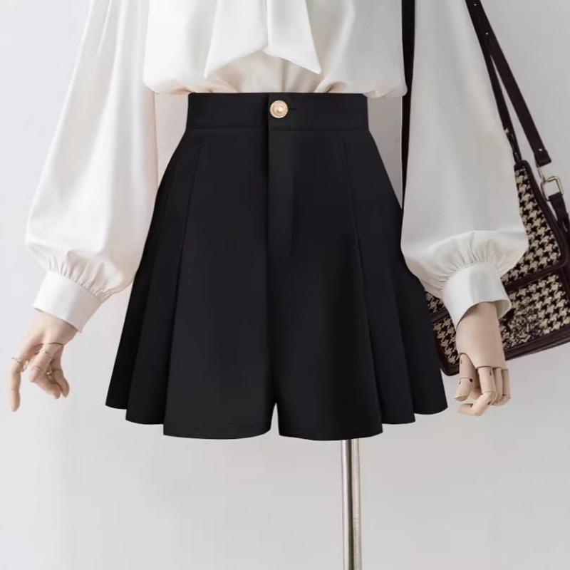 Women Black High Waist Single Button Pleated Wide Leg Loose Casual Skort Shorts S чёрный