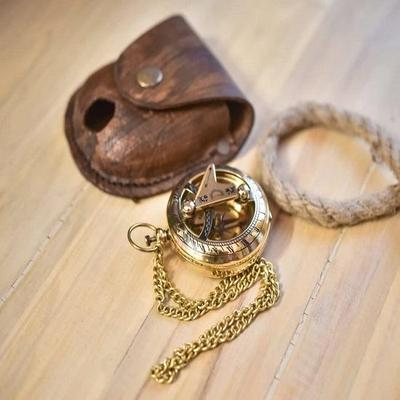Brass Pocket Sundial Compass - Push Button Pocket Sundial Compass with Leather Box
