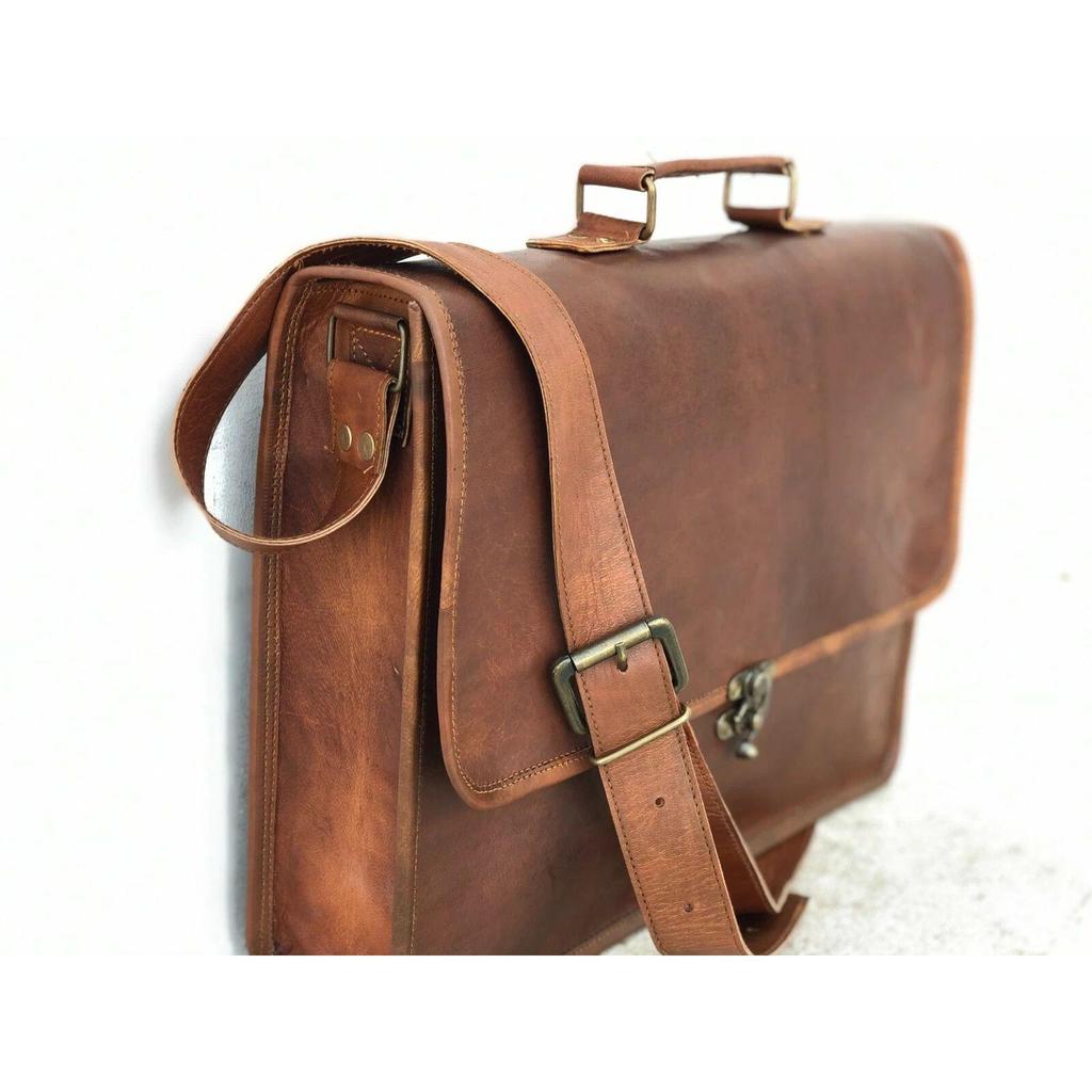 Men Genuine Leather Vintage Laptop Messenger Handmade Turn Lock Bag Satchel
