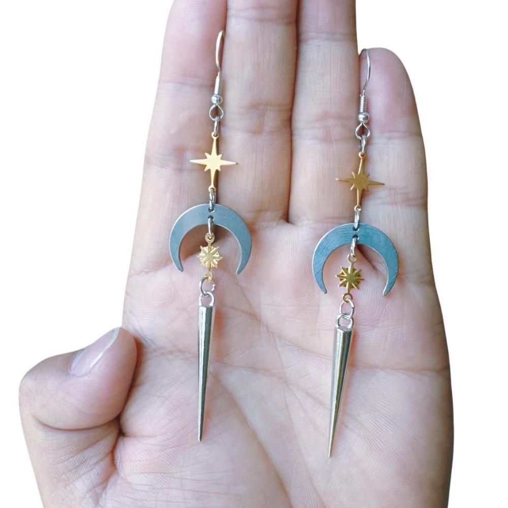 Temperament Personality Gold Color Sun Silver Color Moon Geometric Rivet Tip Cone Dangle Earrings for Women Halloween Jewelry