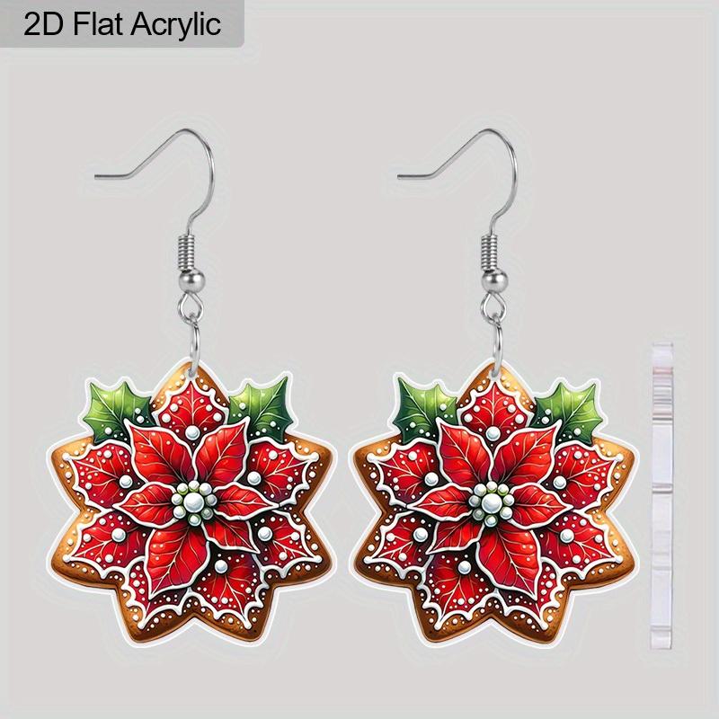 2D Flat Christmas Cartoon Red Flowers Pattern Earrings Jewelry Gift for Women Female