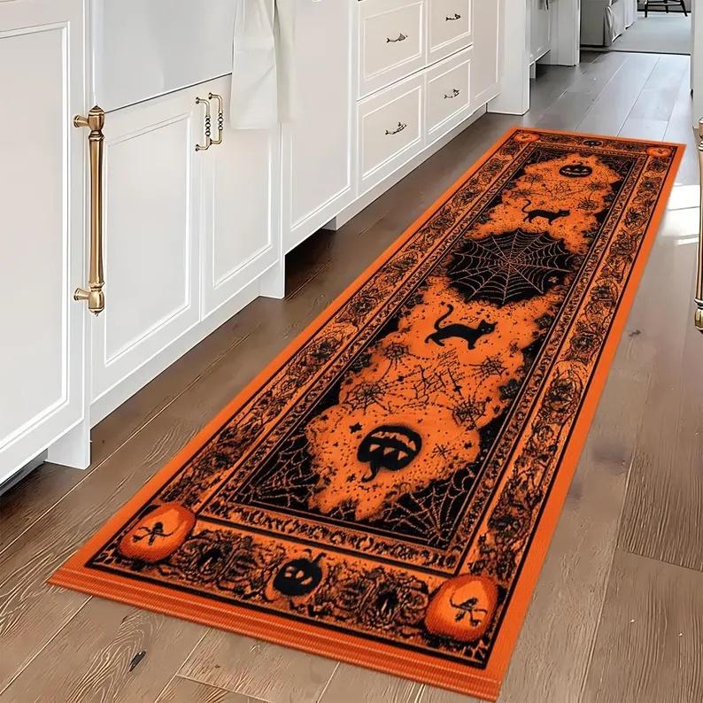 

Halloween Runner Rug Abstract Pumpkin Skull Carpet Kitchen Anti-Slip Spider Web Printed Rugs for Living Room Home Decor 1pc-40x120CM
