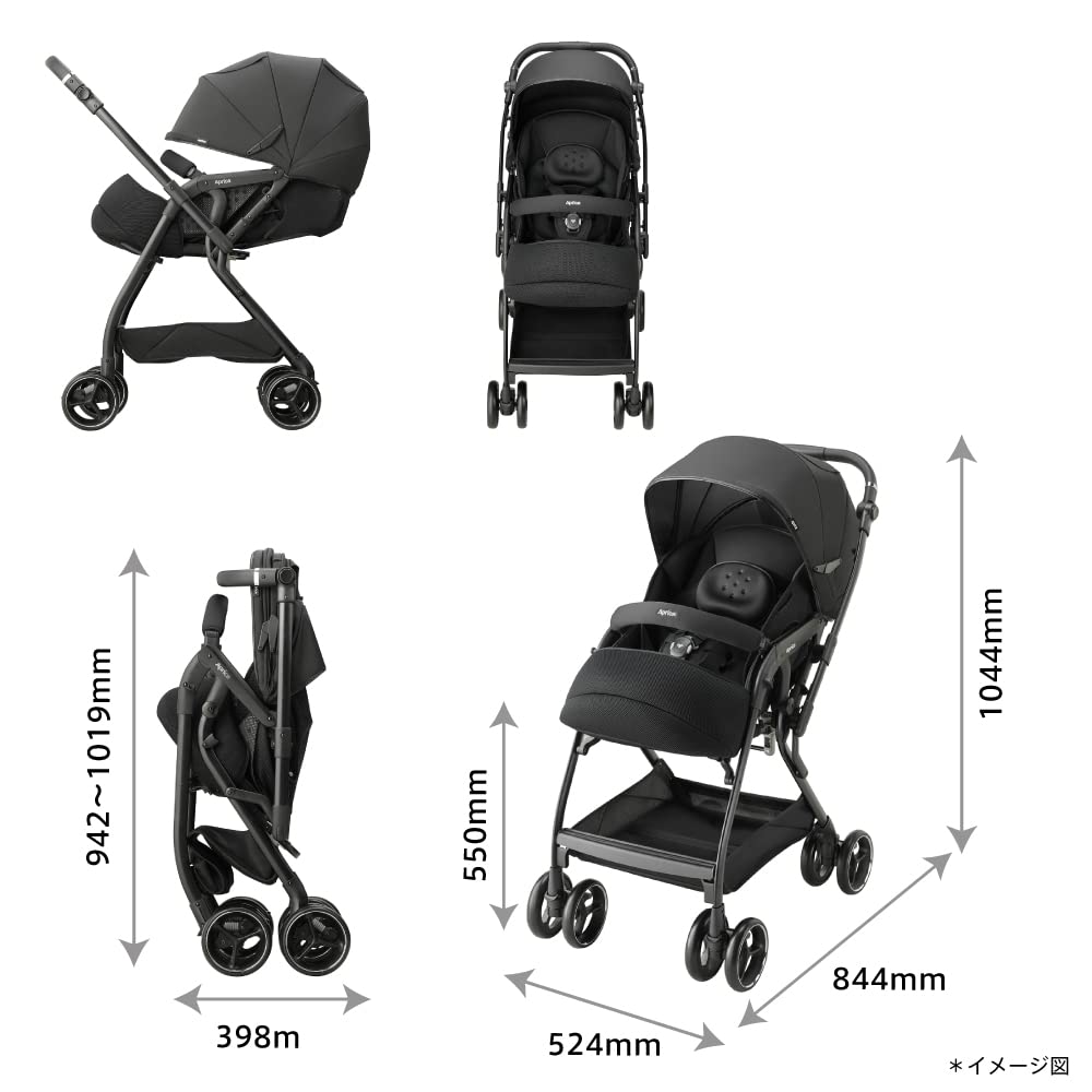 Aprica Optia Cushion Grace A-Type Stroller, for ages 1 month to 36 months, Multifunctional, Dual-Facing, Automatic 4-Wheel Stroller (Onyx Black),