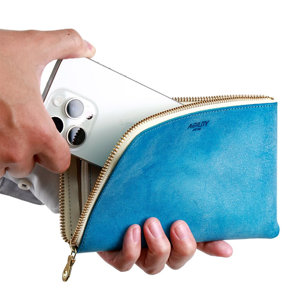 AGILITY affa Long Wallet with Travel Leather Wallet with Smartphone Pouch and Passport Turquoise Blue "Voyage" L-Shaped Zipper, Case,