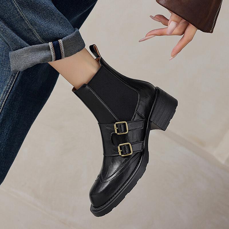 Fashion NEW Autumn Women Boots Round Toe Chunky Heel Shoes Split Leather Shoes for Women Slip-on Ankle Boots Belt Buckle Chelsea Boots