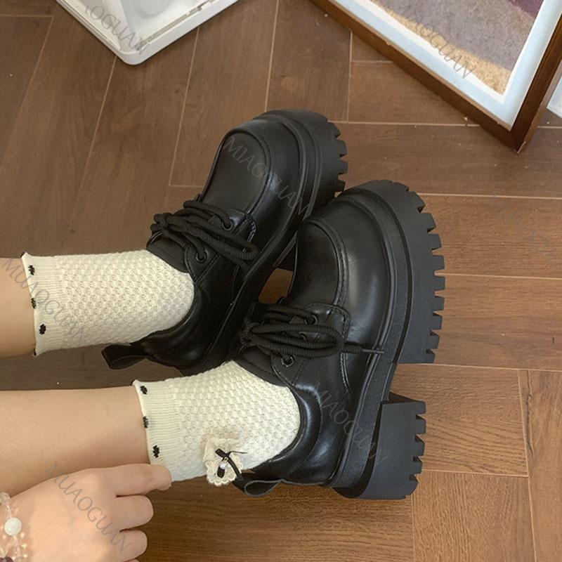 Fashion Thick Bottom British Style Leather Women's Pumps Lace Up Thick Soled Loafers Retro High Heels Mary Janes Fashion Heeled Shoes