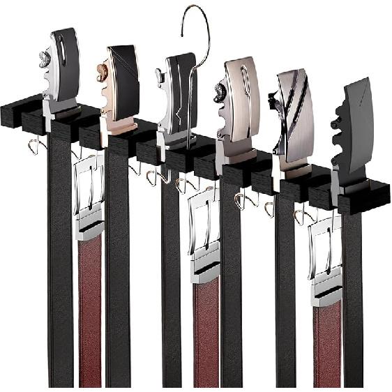 Belt Hanger for Closet Max 42 Belts, 2-in-1 Wall Mount Belt Organizer with 360° Rotating Hooks, Wooden Tie and Belt Rack for Closet Accessories