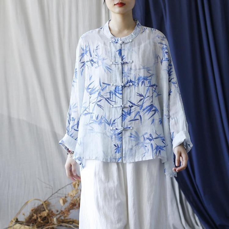 Vintage Floral Print Women Blouse Long Sleeve Loose Button Shirt Chinese Style Tops Autumn Stand Collar