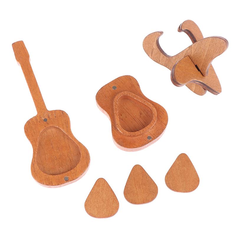 Wooden Guitar Pick Box With Standard 3 Pcs Engraved Guitar Picks Box Guitar Plectrum Storage Box For Guitar Lovers Guitarists