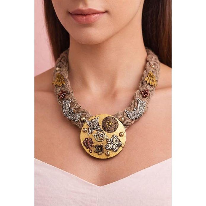 Jute Necklace with Round Metal Motifs, Braided Rope Design with Floral Embellishments