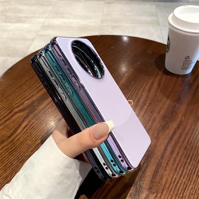 Applicable To Huawei Mate60Pro + Electroplated Contrasting Color Plain Leather Mobile Phone Case Mate60 Metal Lens Ring Protective Case