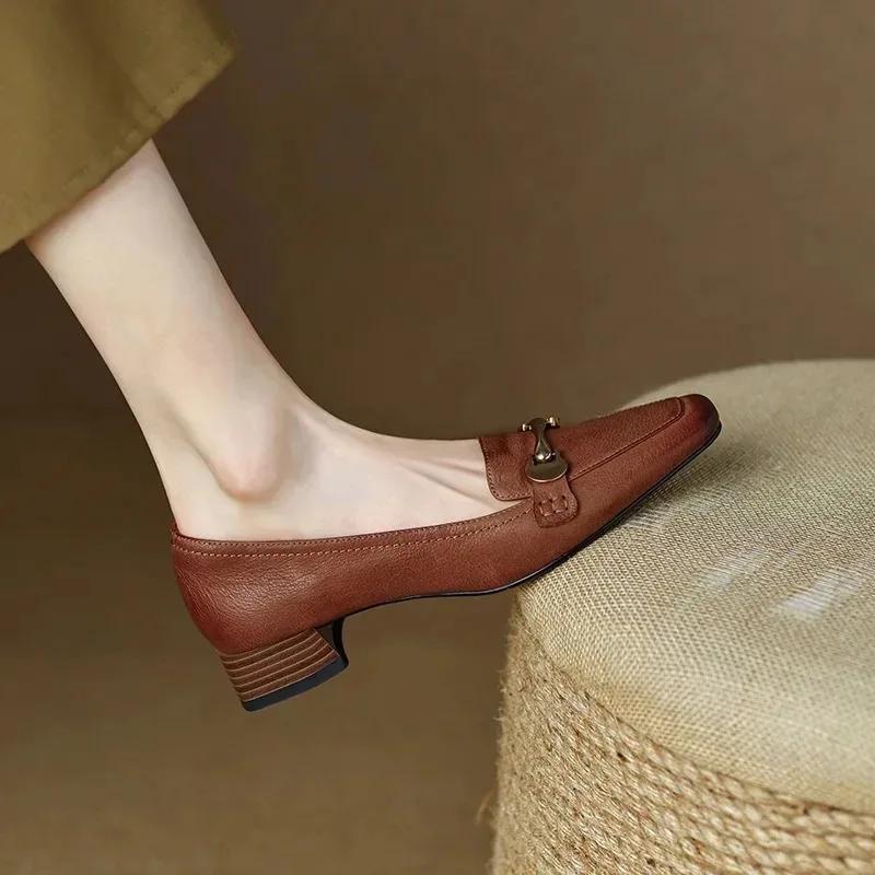 2025 New Spring/Summer French Retro Handmade Single Shoe Women's Shallow Mouth Square Head Thick Heel Medium Heel Women's Shoes