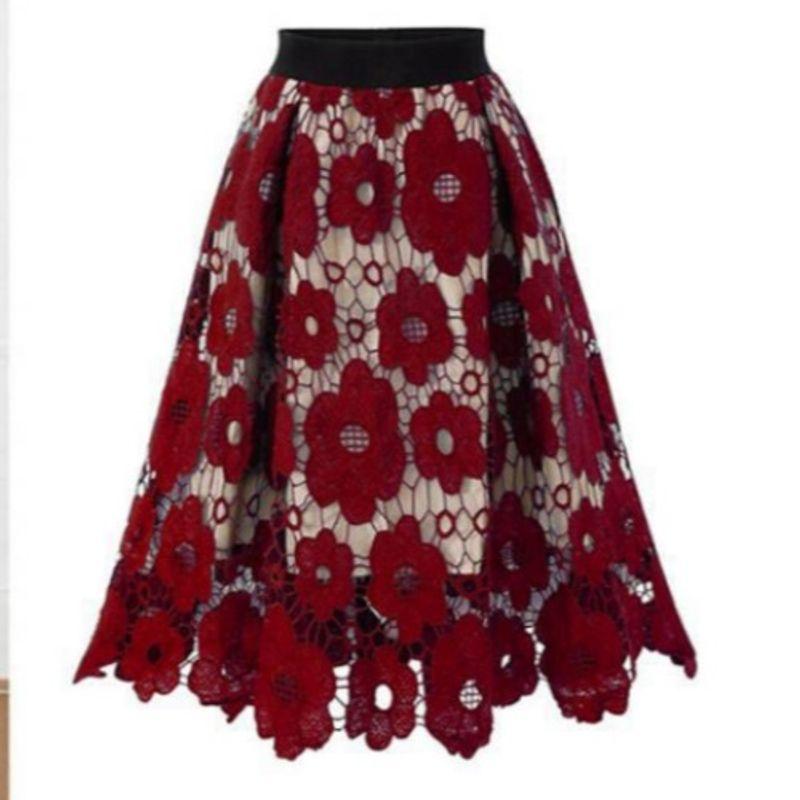 

European Station plus Size Women s Elegant Graceful Lace Skirt Red L
