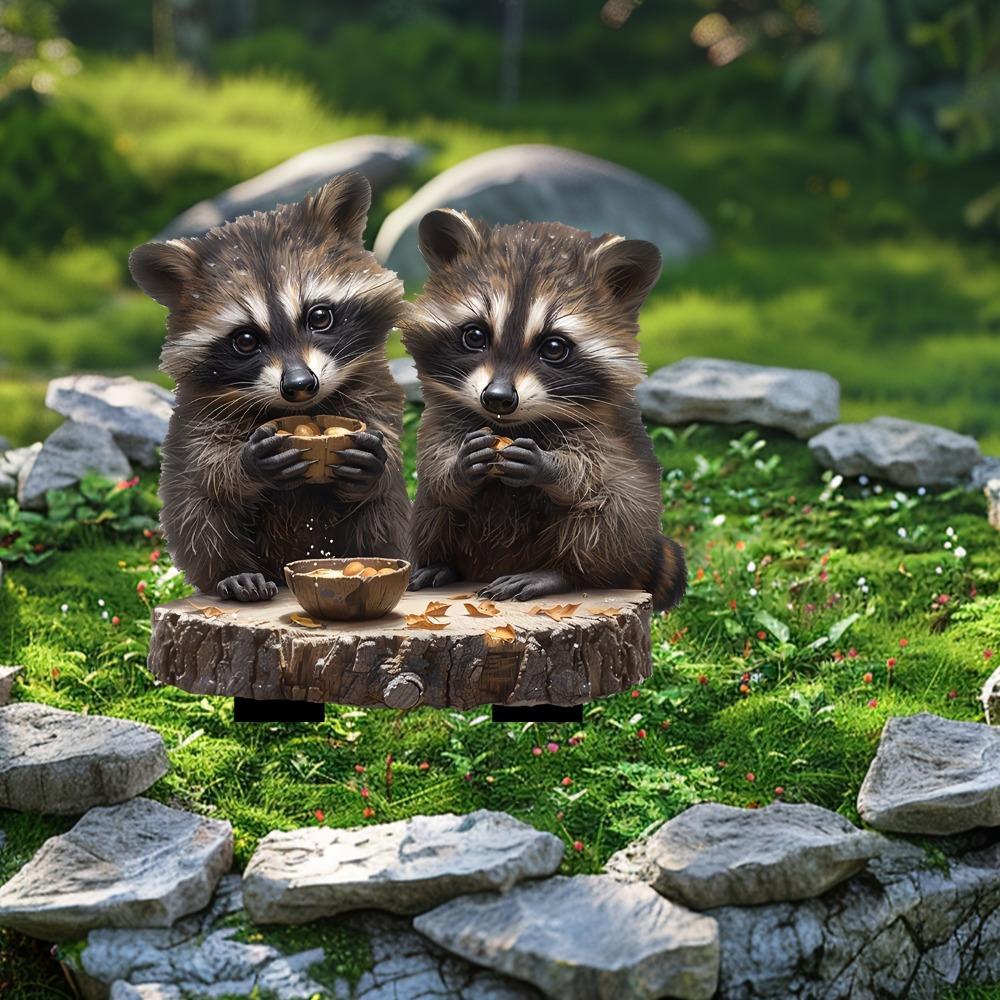 Charming Raccoon Pair acrylic pile for flower pots and landscape. Bohemian-style outdoor art.