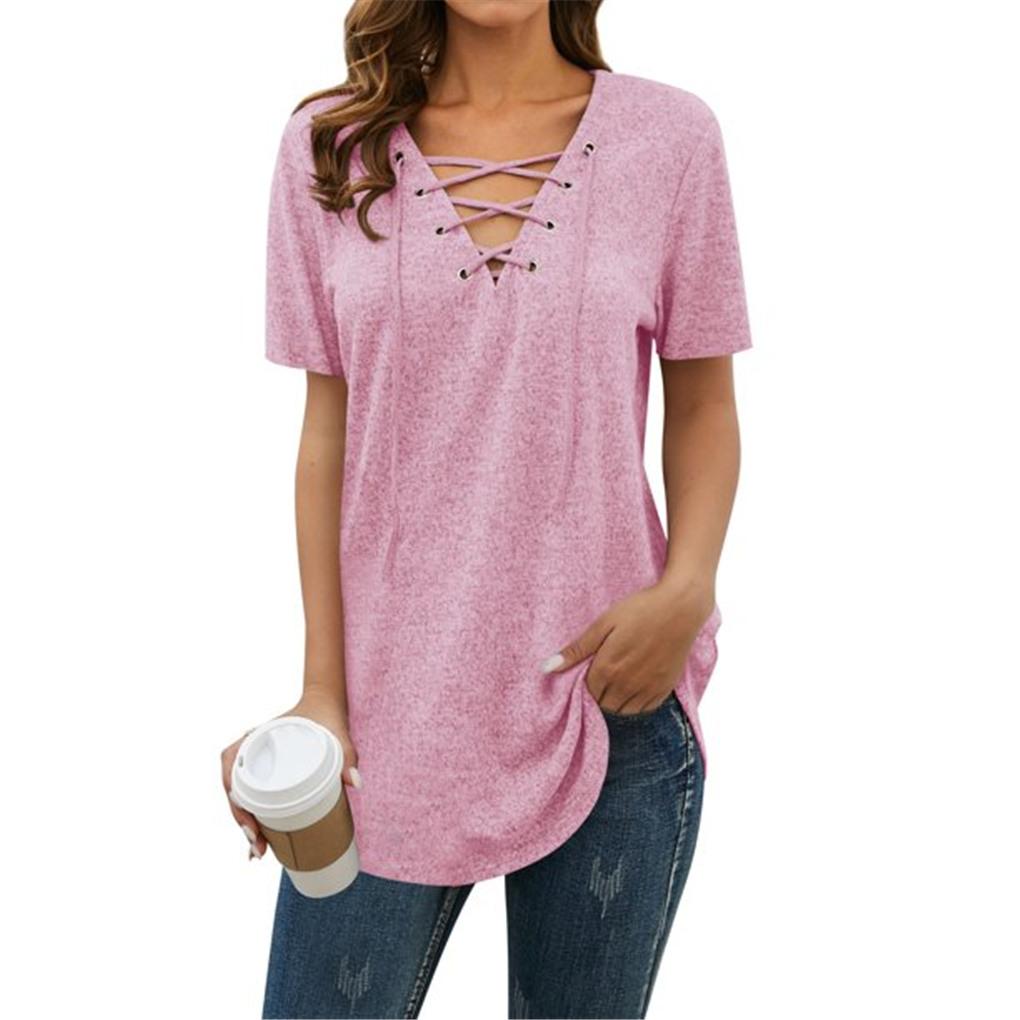 Women Lace Up V Neck Short Sleeve Tunic Top