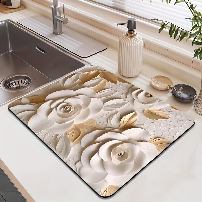 3D Pink Flower Dish Drying Mats Super Absorbent Diatom Mud Rug Home Coffee Table Decor Mat Kitchen Non Slip Tableware Drain Pad