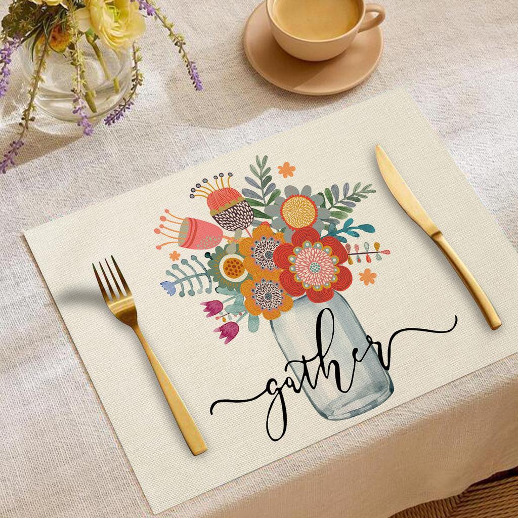 Artistic Floral "Gather" Quote Pattern Placemats Cute Watercolor Flower Designs Heat Resistant Table Mats For Dining Table