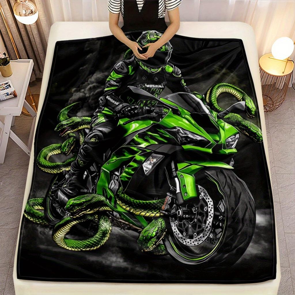 1pc Motorcycle Blanket - Soft Warm Lightweight Flannel Throw with Neon Green Motorcycle Rider & Snake Patterns, All-Season Couch
