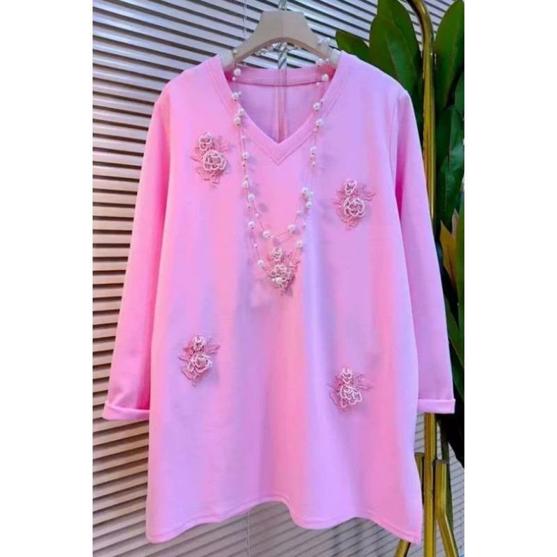 

Женский Свободный и Модный Топ с Трехмерным Цветком, V-образным Вырезом, Повседневный, Средней Длины, Универсальный, С Длинным Рукавом, Трендовый L розовый