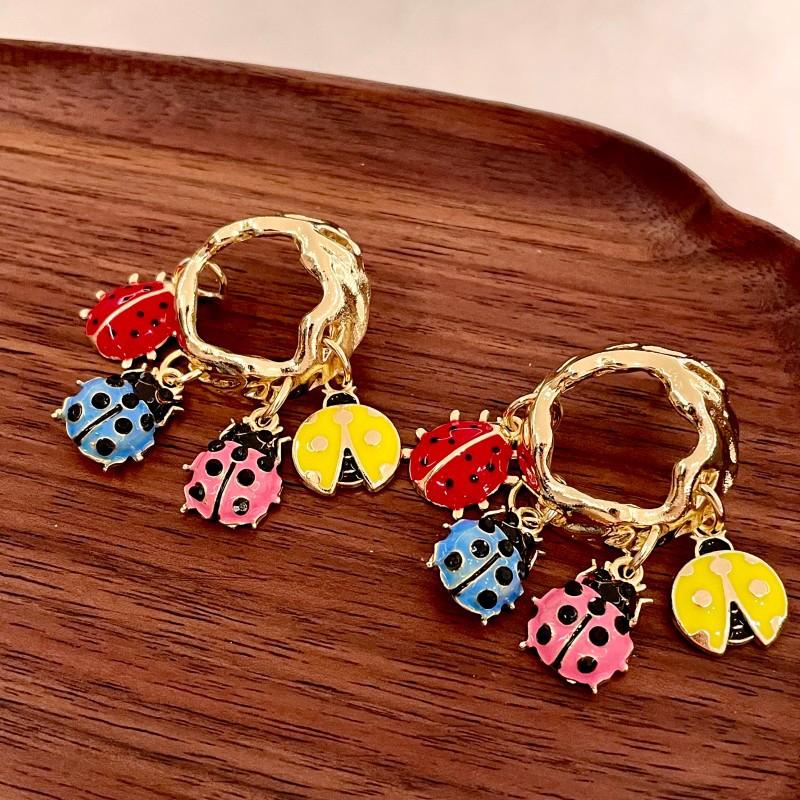 Colorful Enamel Beetle Ladybug Insect Pendant Tassel Earrings For Women Girl Exquisite Elegant Party Jewelry Fashion Accessories